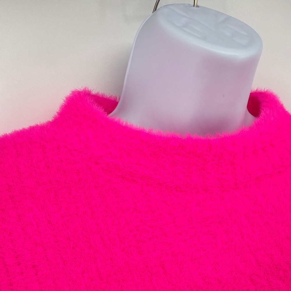 By Anthropologie Neon Pink Fuzzy Sweater Eyelash Mock Neck Cropped Knit Top M - Picture 3 of 9
